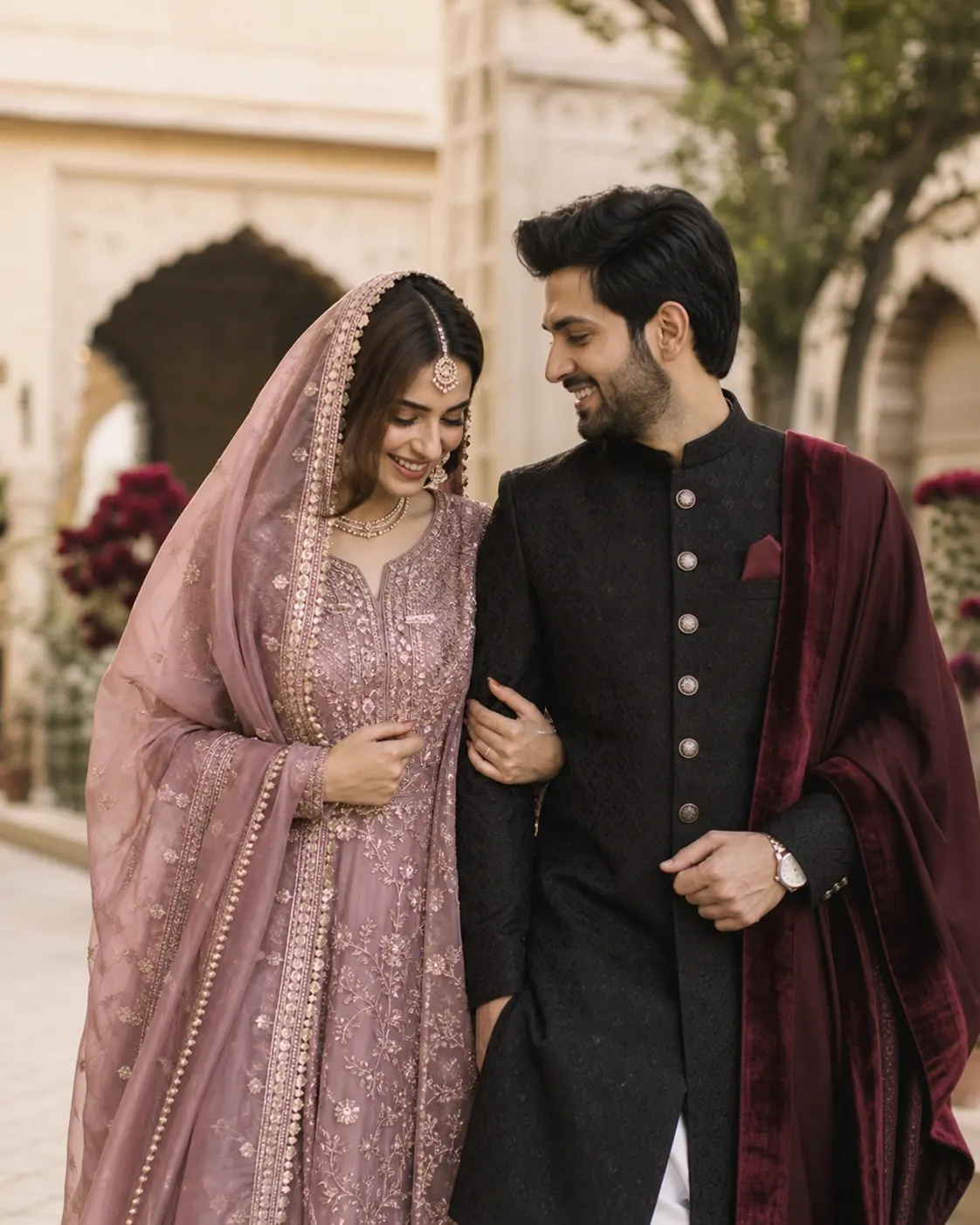 A joyful South Asian couple in wedding attire